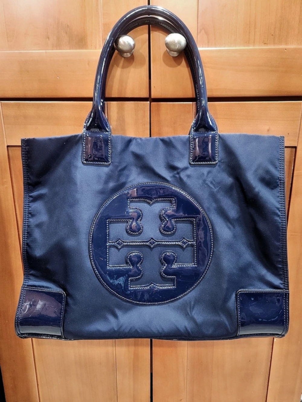 Tory Burch Ella Patent Tote Blue Logo Tote Bag
